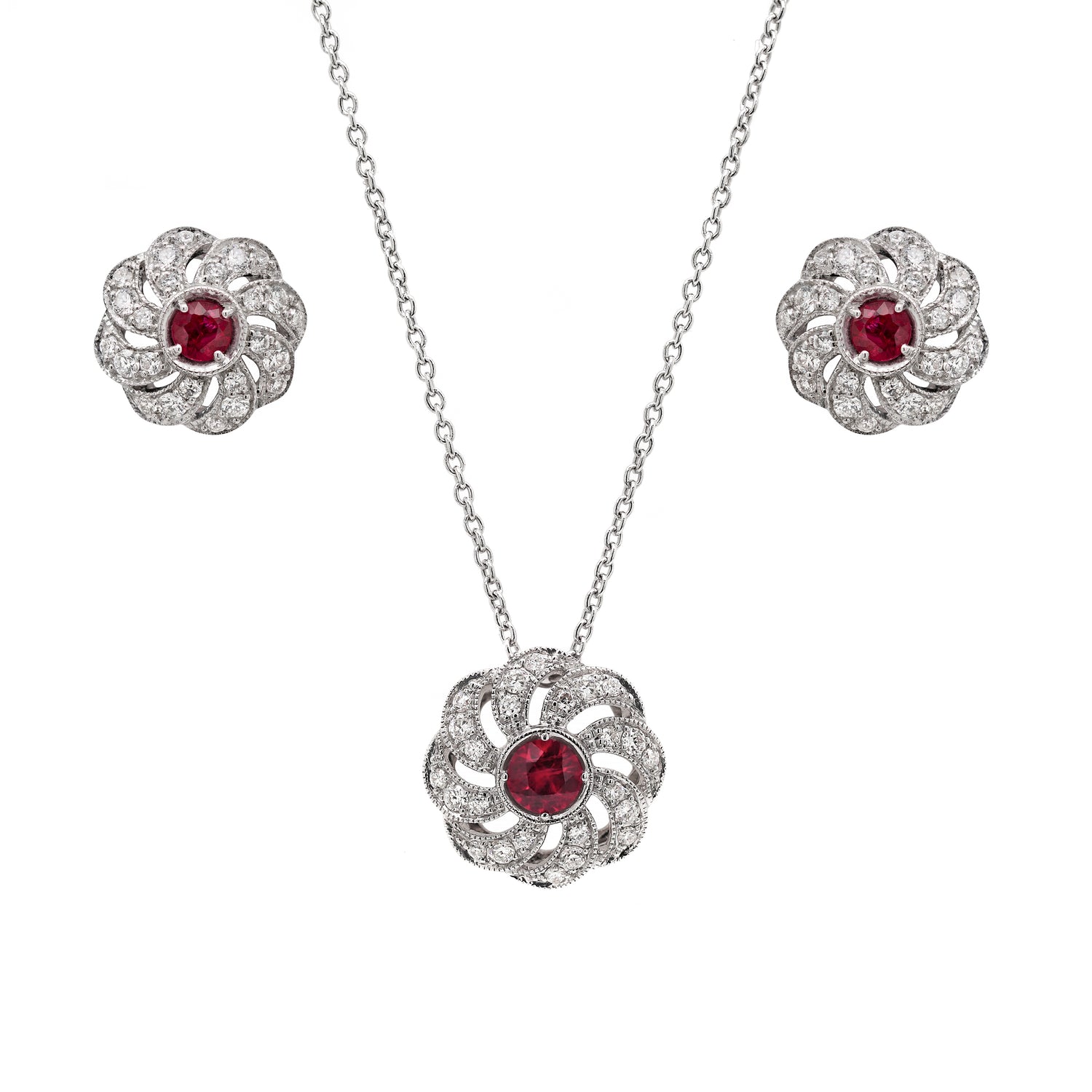 Ruby and Diamond 18 Carat White Gold Floral Earrings and Necklace Set