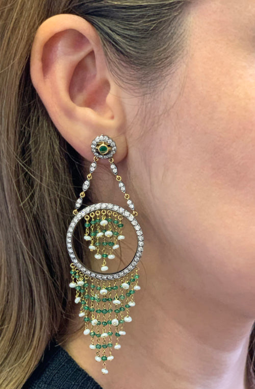 Pearl, Emerald and Diamond 18 Carat Gold Cascade Chandelier Earrings