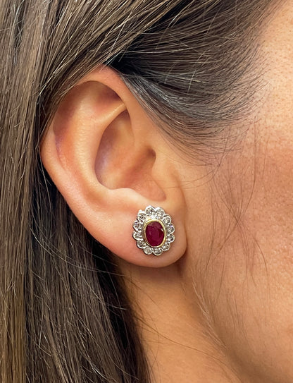 1.94 Carat Ruby and Diamond 18 Carat White and Yellow Gold Cluster Stud Earrings - Tobi Gem Setting