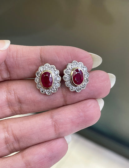 1.94 Carat Ruby and Diamond 18 Carat White and Yellow Gold Cluster Stud Earrings - Tobi Gem Setting