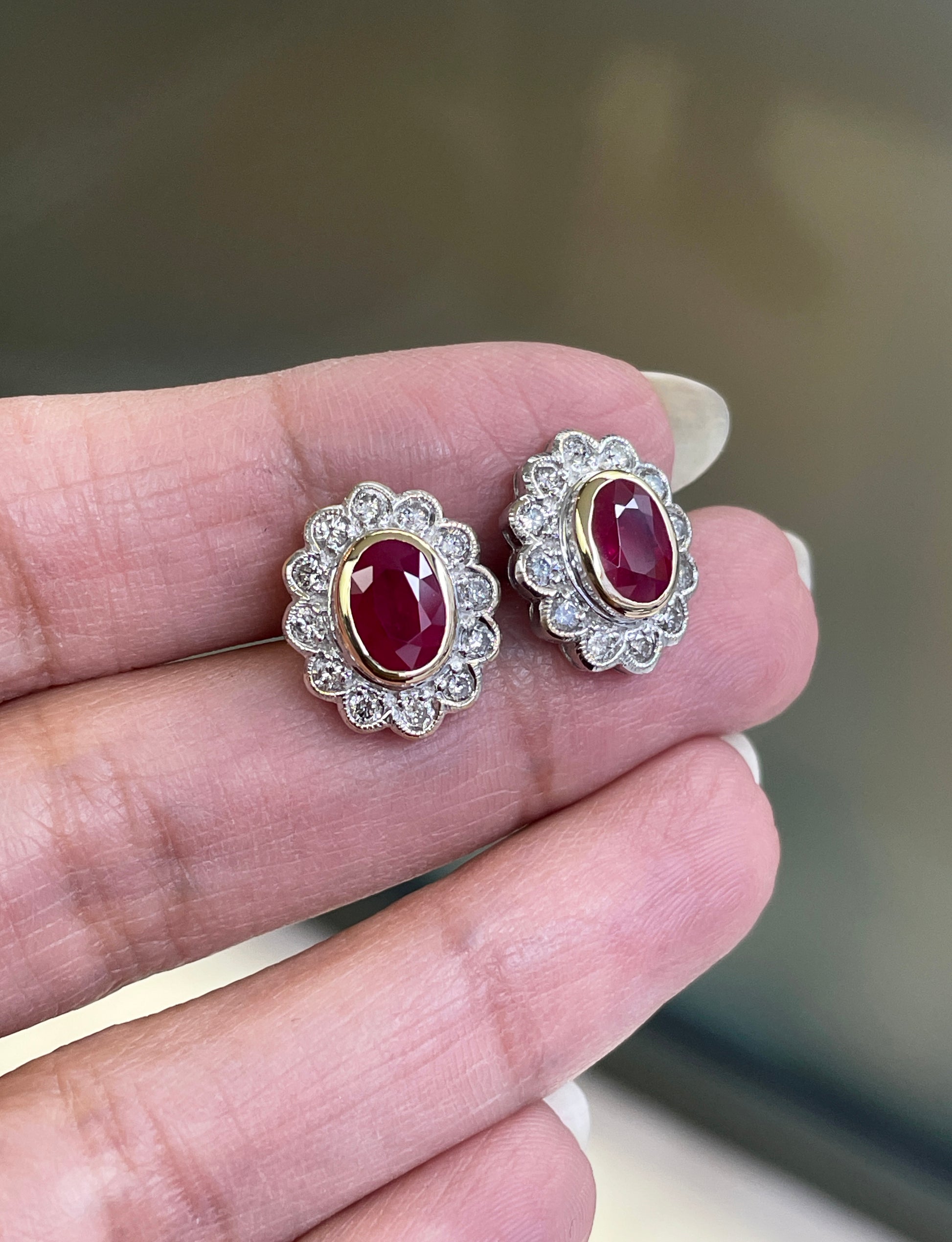 1.94 Carat Ruby and Diamond 18 Carat White and Yellow Gold Cluster Stud Earrings - Tobi Gem Setting