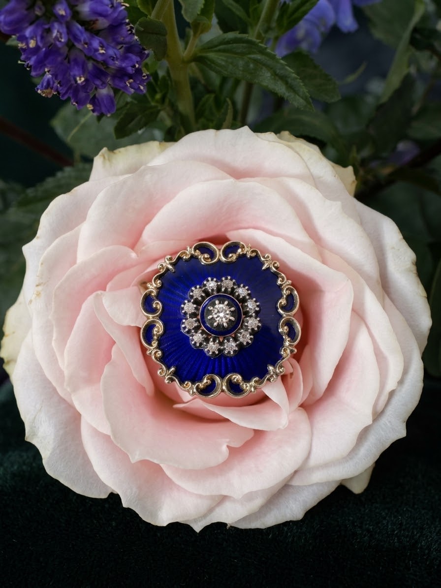 Blue Guilloché Enamel & Old Cut Diamond 15K Yellow Gold Brooch/Pendant, c.1880s