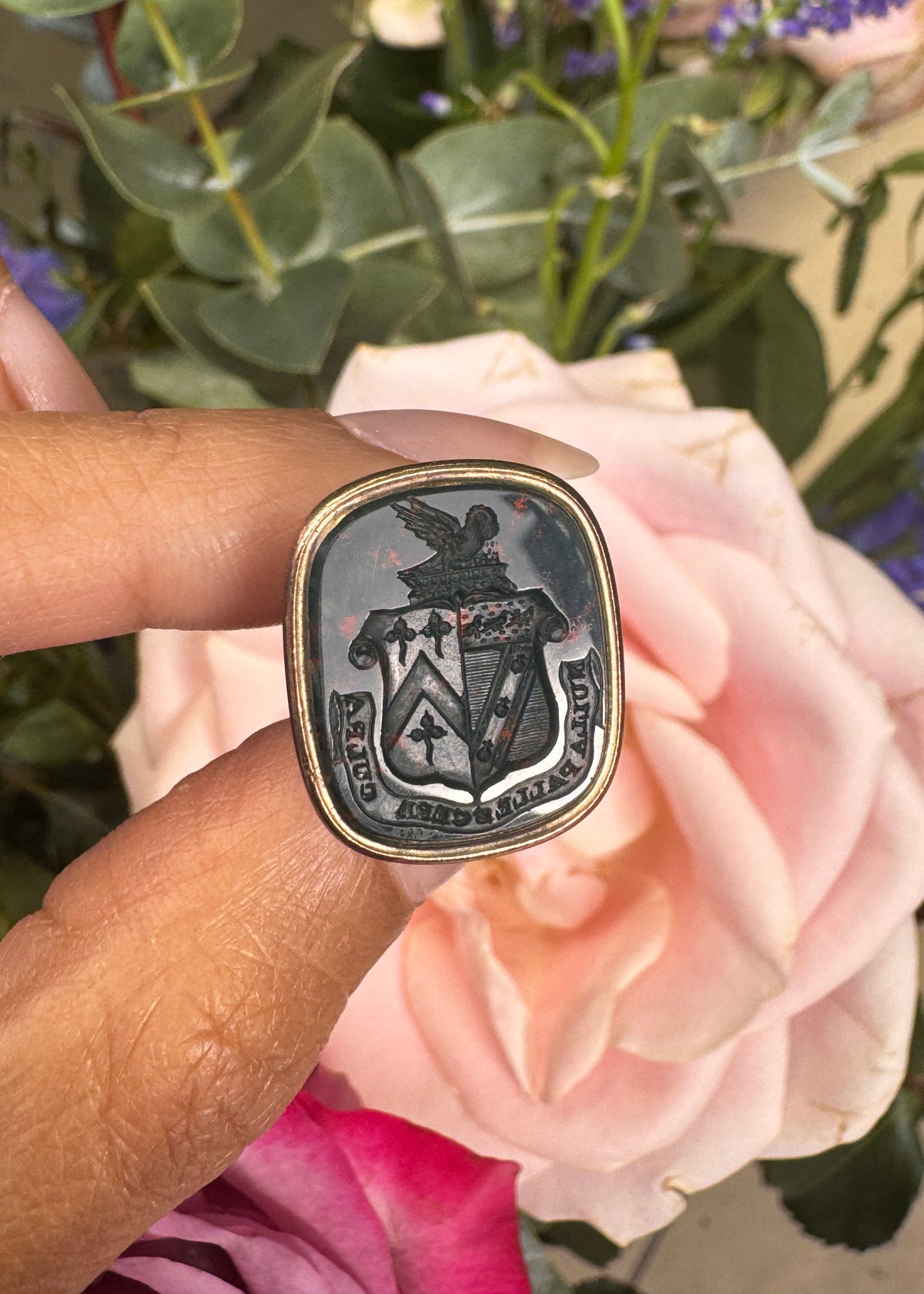 Antique Bloodstone Intaglio Coat of Arms Seal Fob Pendant in 14 Carat Gold