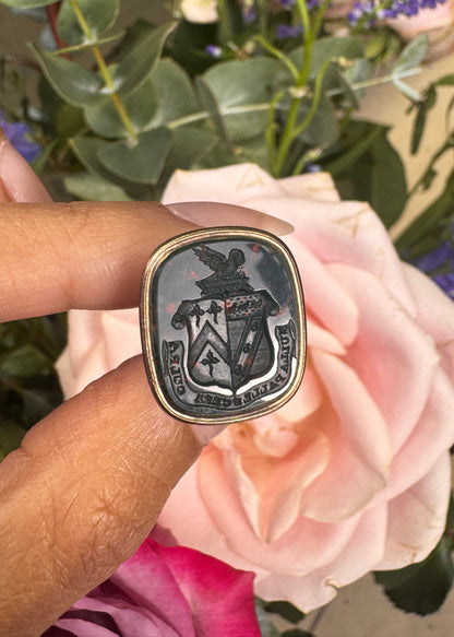 Antique Bloodstone Intaglio Coat of Arms Seal Fob Pendant in 14 Carat Gold