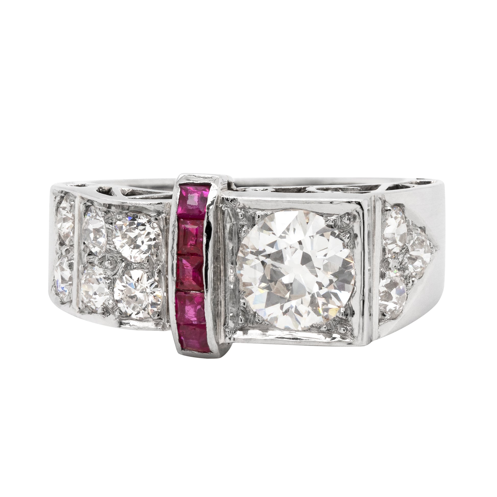 An art deco engagement ring with a central old European cut diamond and side rubies set in a platinum mount.