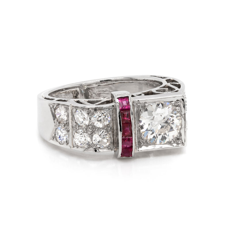0.83 Carat Old European Cut Diamond and Ruby Platinum Engagement Ring, Circa 1950s