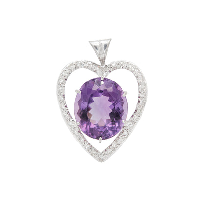 Oval Amethyst and Diamond 18 Carat White Gold Heart Pendant