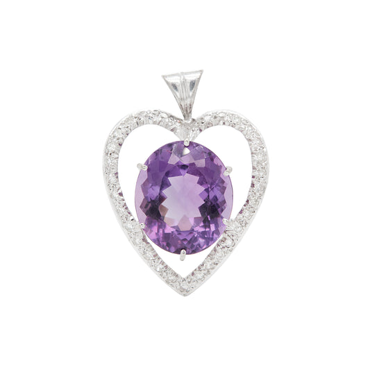 Oval Amethyst and Diamond 18 Carat White Gold Heart Pendant