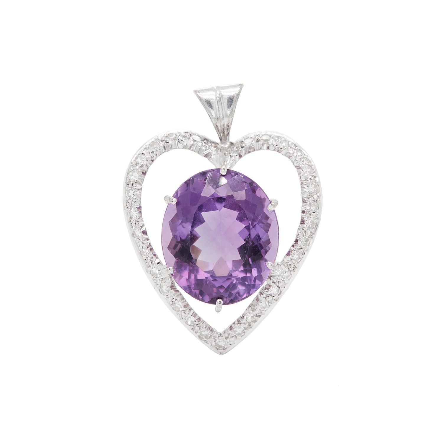 Oval Amethyst and Diamond 18 Carat White Gold Heart Pendant