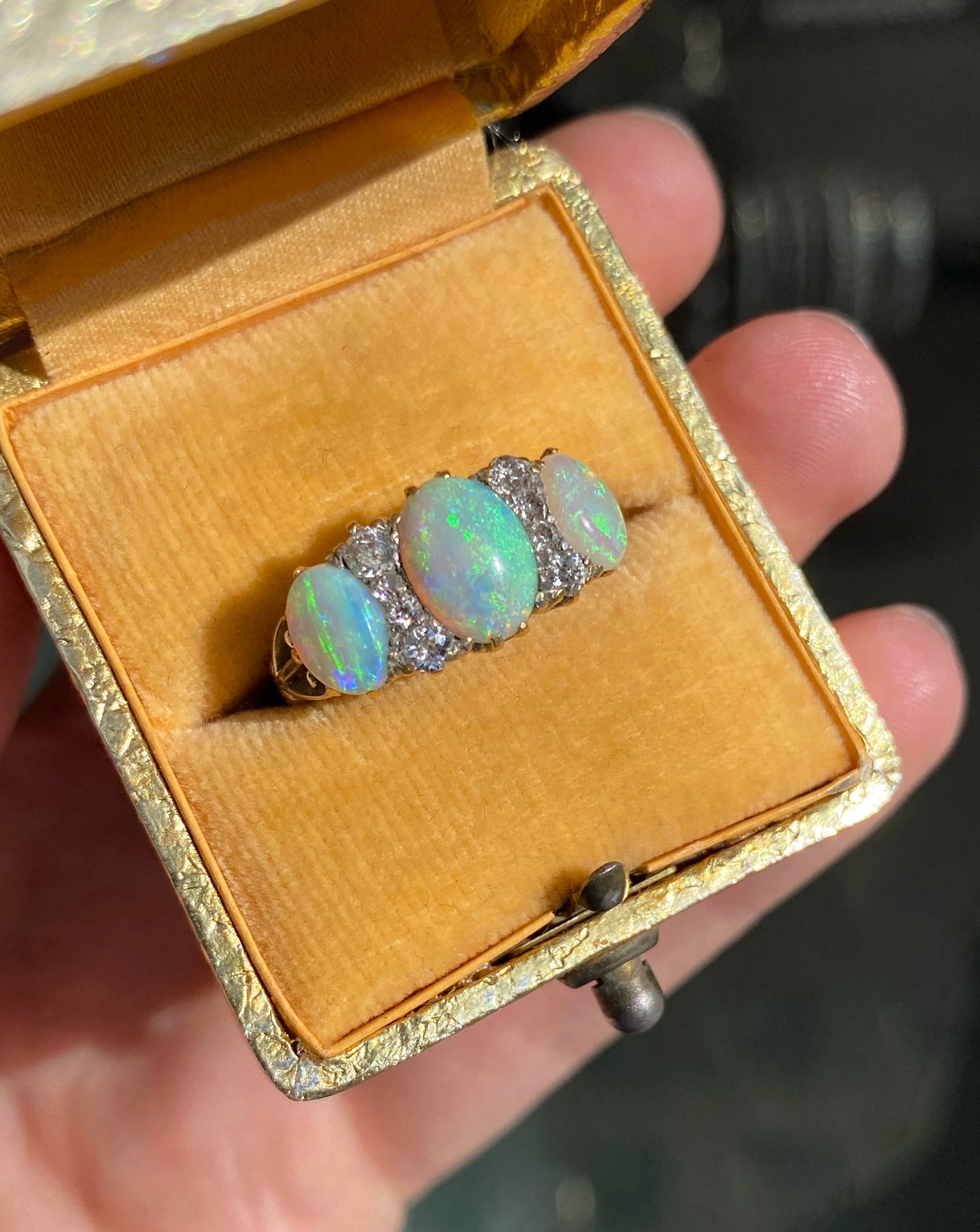 Antique Opal and Old Mine Cut Diamond 18 Carat Gold Three-Stone Ring