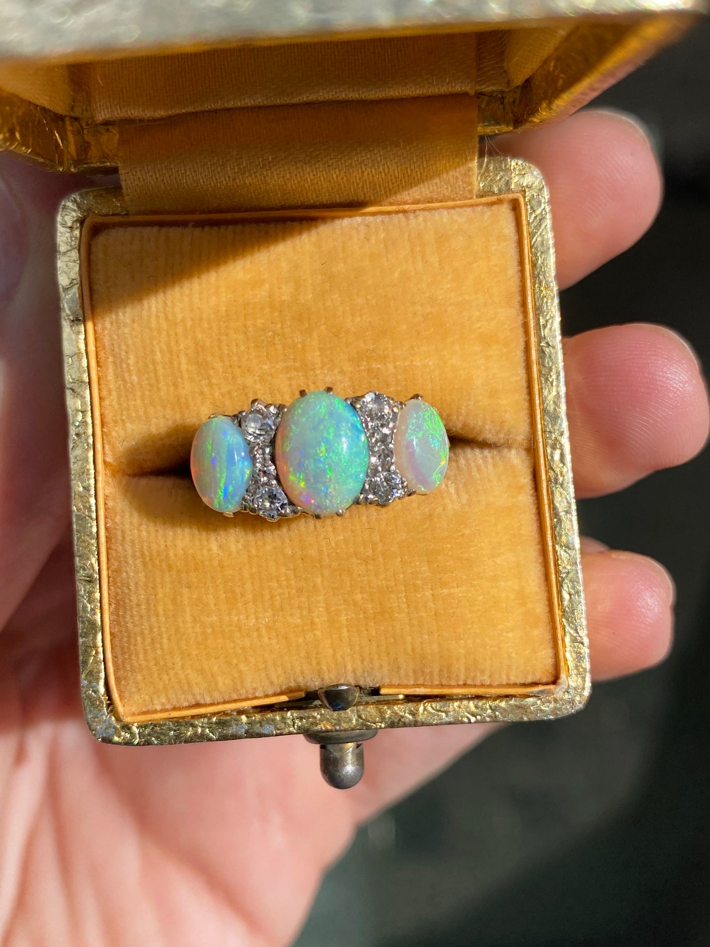 Antique Opal and Old Mine Cut Diamond 18 Carat Gold Three-Stone Ring