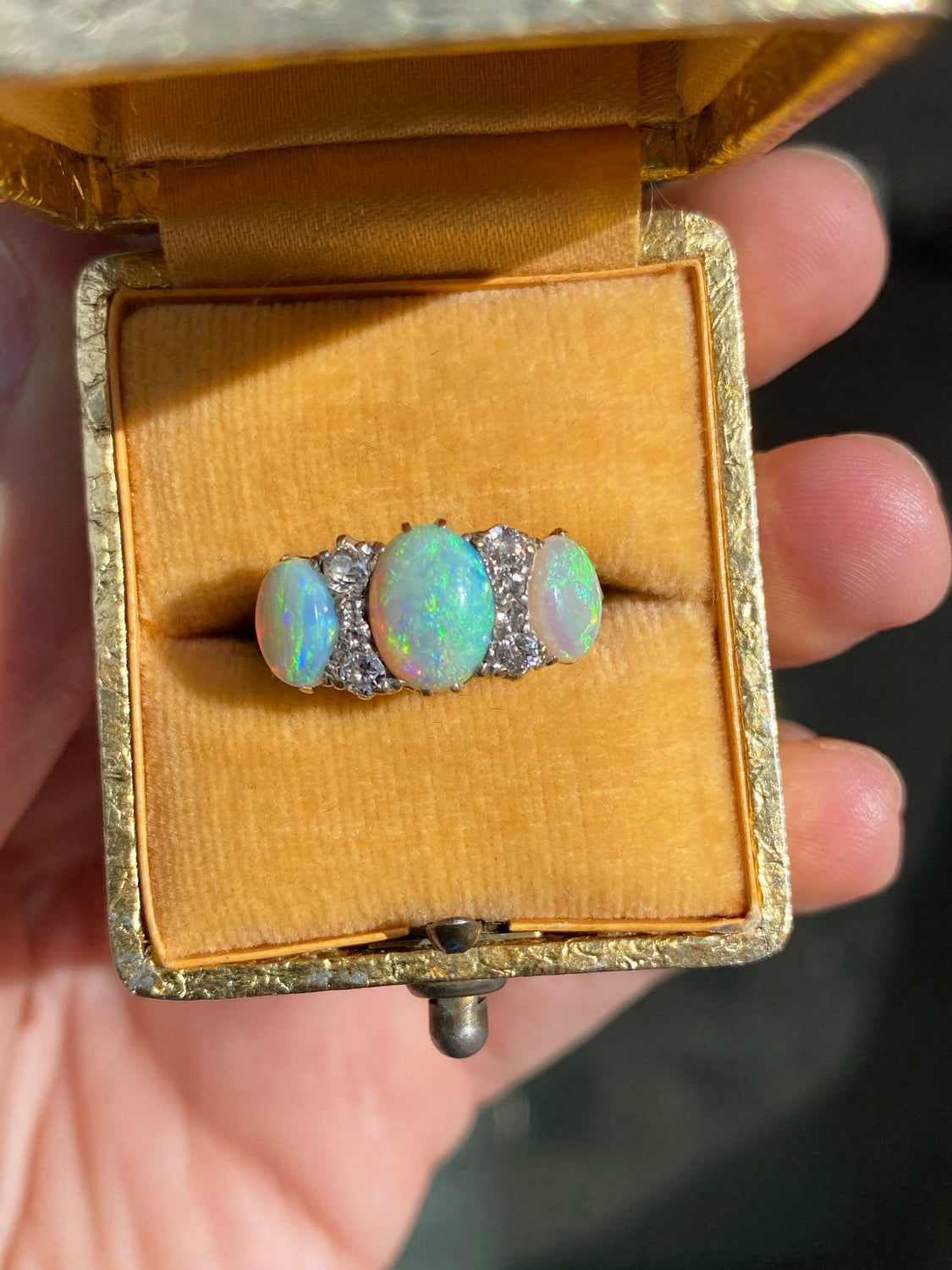 Antique Opal and Old Mine Cut Diamond 18 Carat Gold Three-Stone Ring