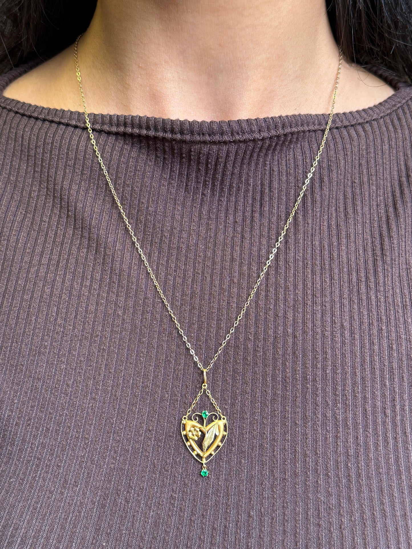 Antique 9K Yellow Gold Heart Shape Open Work Floral Drop Pendant & Chain, 1890s