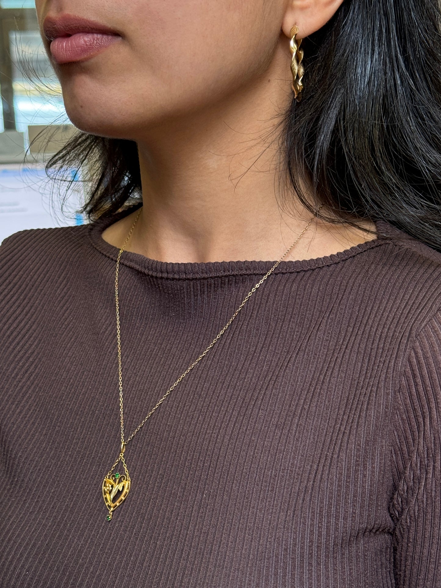 Antique 9K Yellow Gold Heart Shape Open Work Floral Drop Pendant & Chain, 1890s