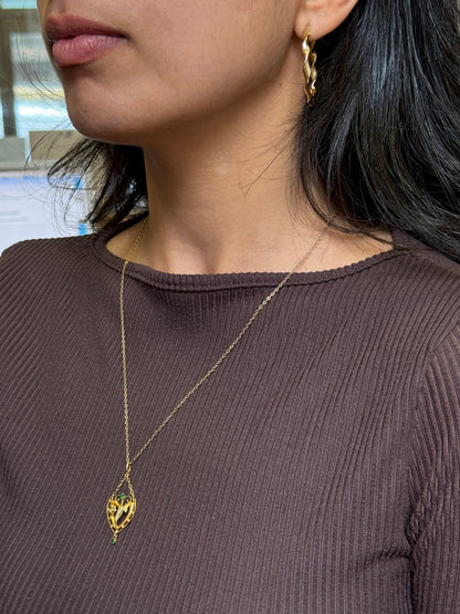 Antique 9K Yellow Gold Heart Shape Open Work Floral Drop Pendant & Chain, 1890s