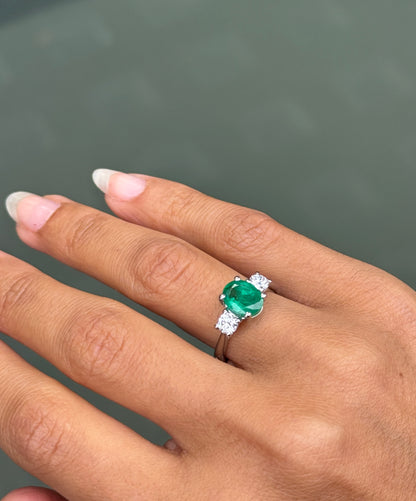 1.62ct Oval Emerald and 0.47ct Diamond Three Stone Platinum Ring
