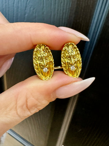 Vintage Diamond and 18 Carat Yellow Gold Stylised Mask Oval Cufflinks, c.1960s