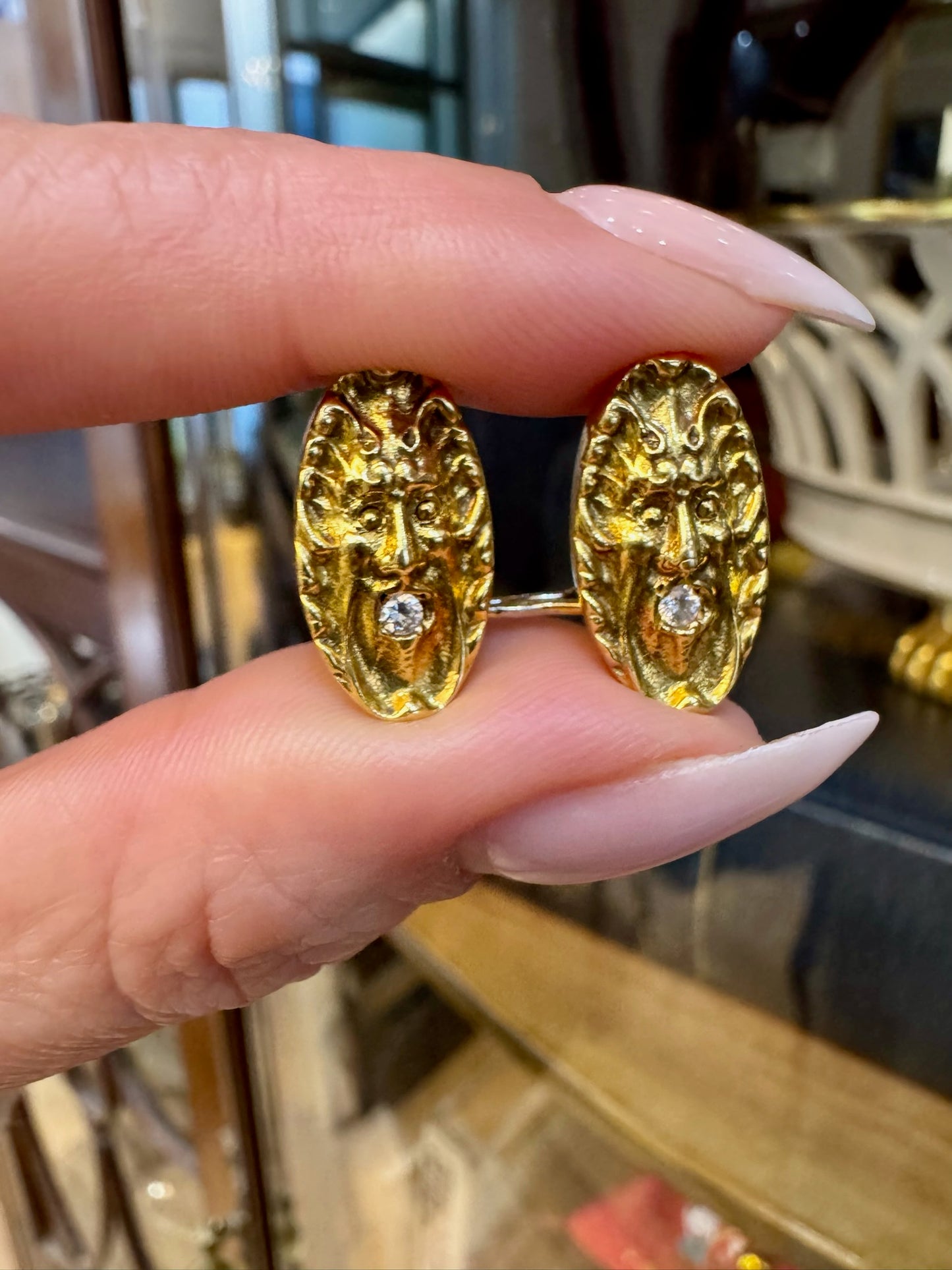 Vintage Diamond and 18 Carat Yellow Gold Stylised Mask Oval Cufflinks, c.1960s