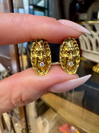 Vintage Diamond and 18 Carat Yellow Gold Stylised Mask Oval Cufflinks, c.1960s