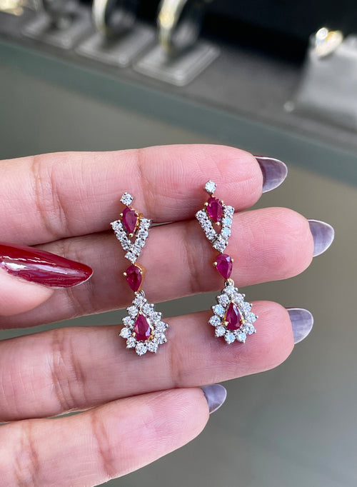 Ruby and Diamond 18 Carat Gold Drop Earrings