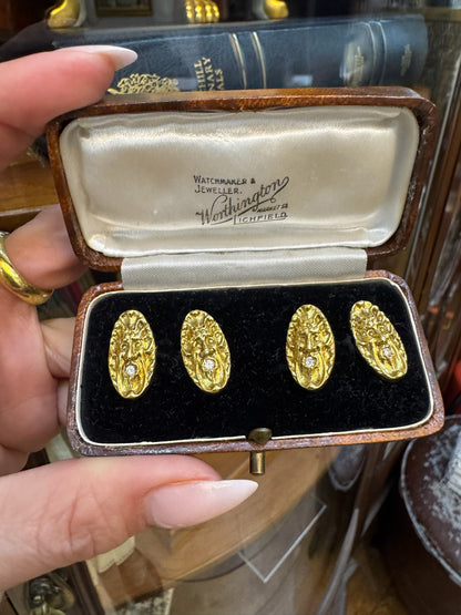Vintage Diamond and 18 Carat Yellow Gold Stylised Mask Oval Cufflinks, c.1960s