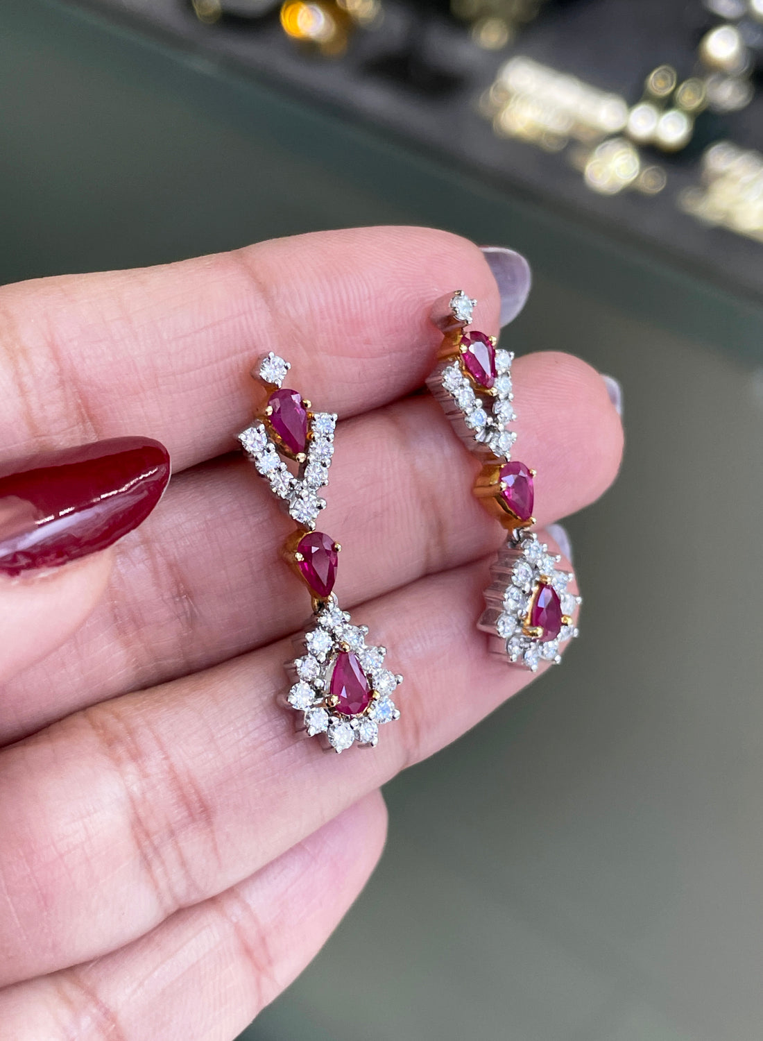 Ruby and Diamond 18 Carat Gold Drop Earrings