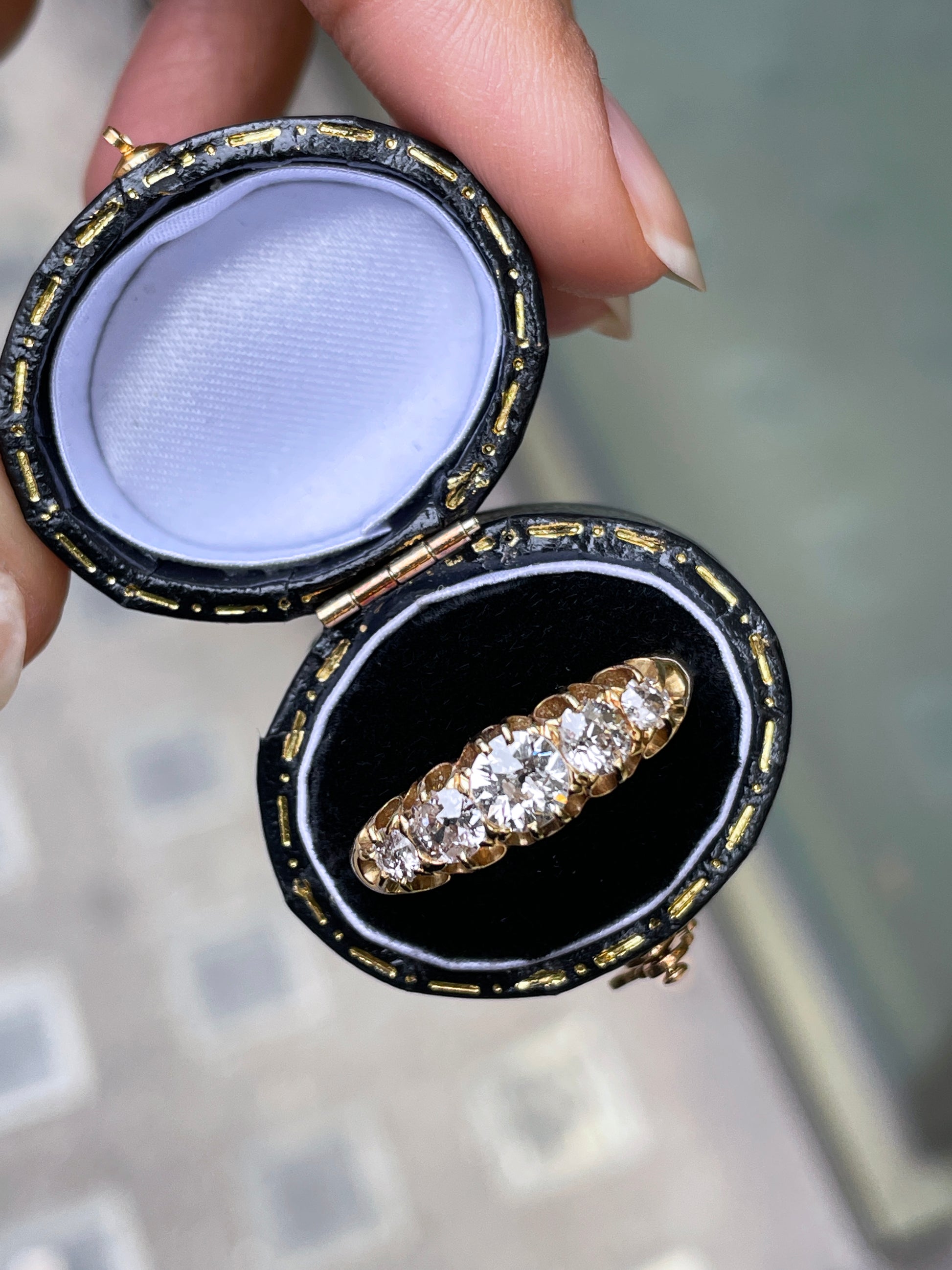 Antique Old Cut Diamond 18 Carat Yellow Gold Five Stone Ring in case