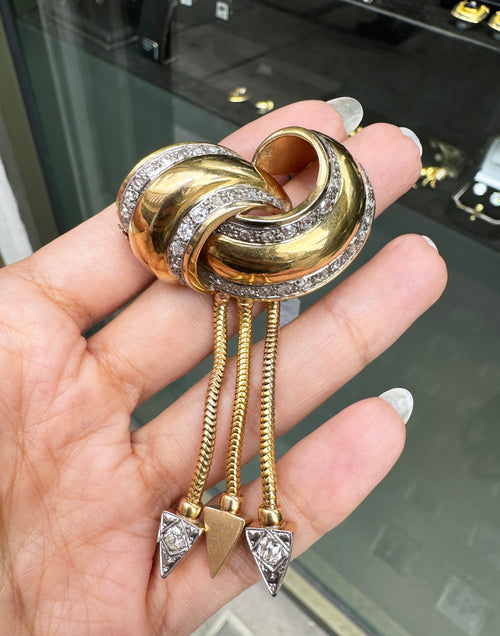 Diamond & 18 Carat Gold Knot Ribbon Brooch with Dangle Snake Chain Fringe Drops