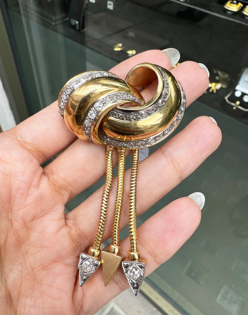 Diamond & 18 Carat Gold Knot Ribbon Brooch with Dangle Snake Chain Fringe Drops