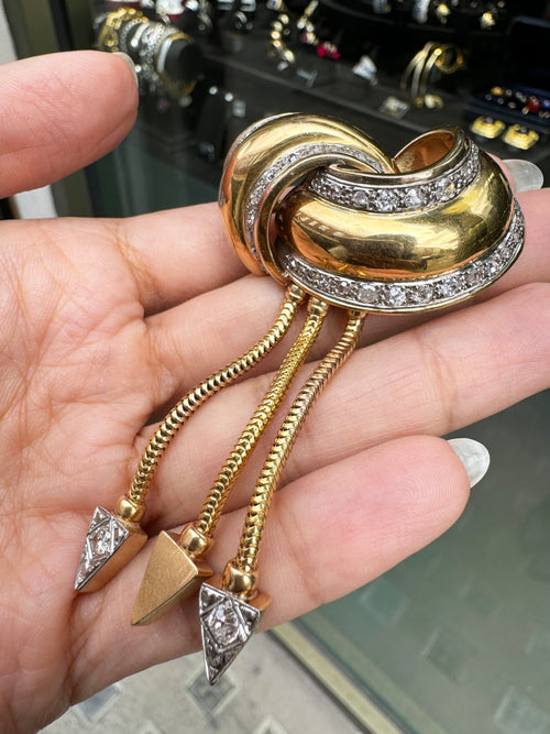 Diamond & 18 Carat Gold Knot Ribbon Brooch with Dangle Snake Chain Fringe Drops
