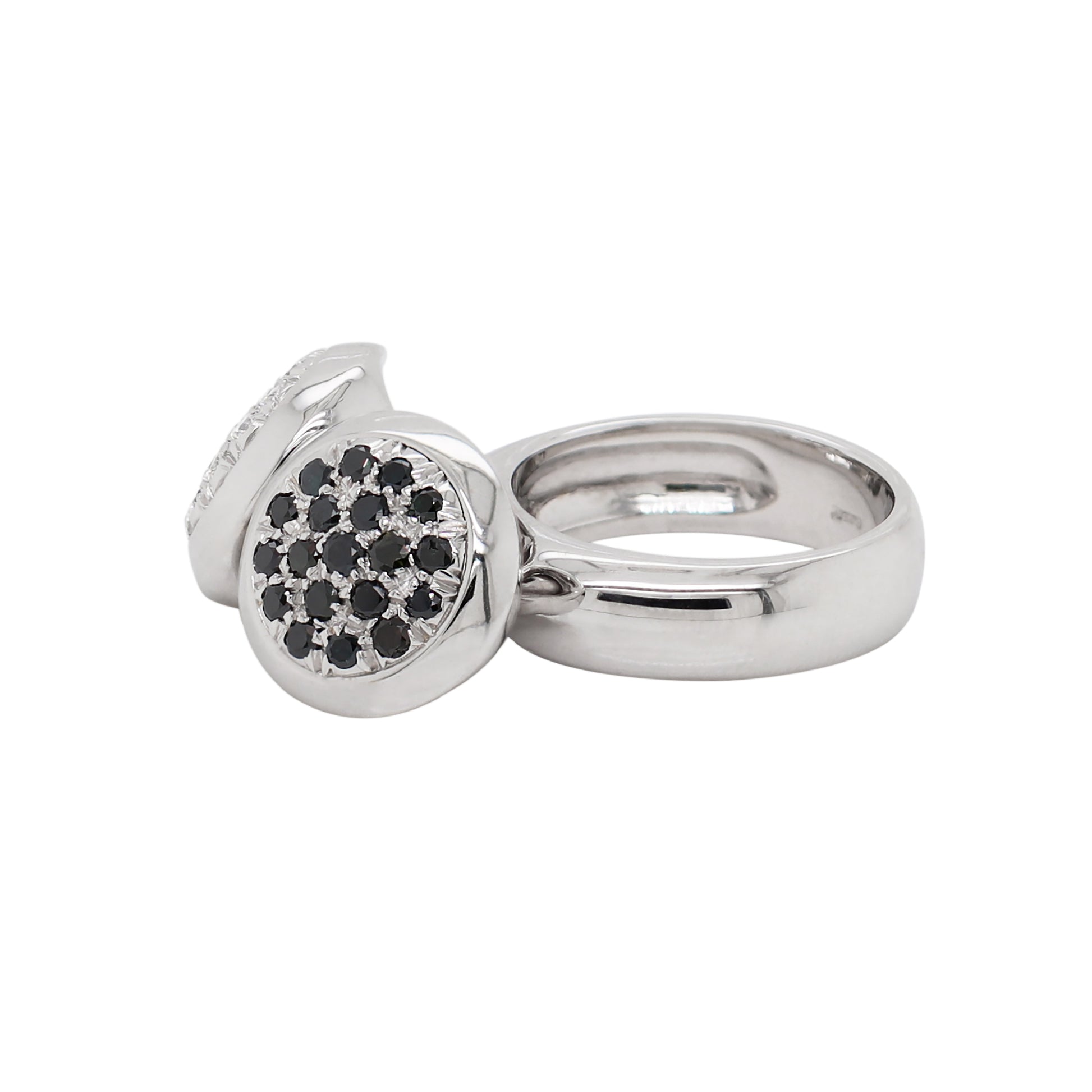 Black and White Diamond 18 Carat White Gold Dangling Charms Cocktail Ring - Tobi Gem Setting