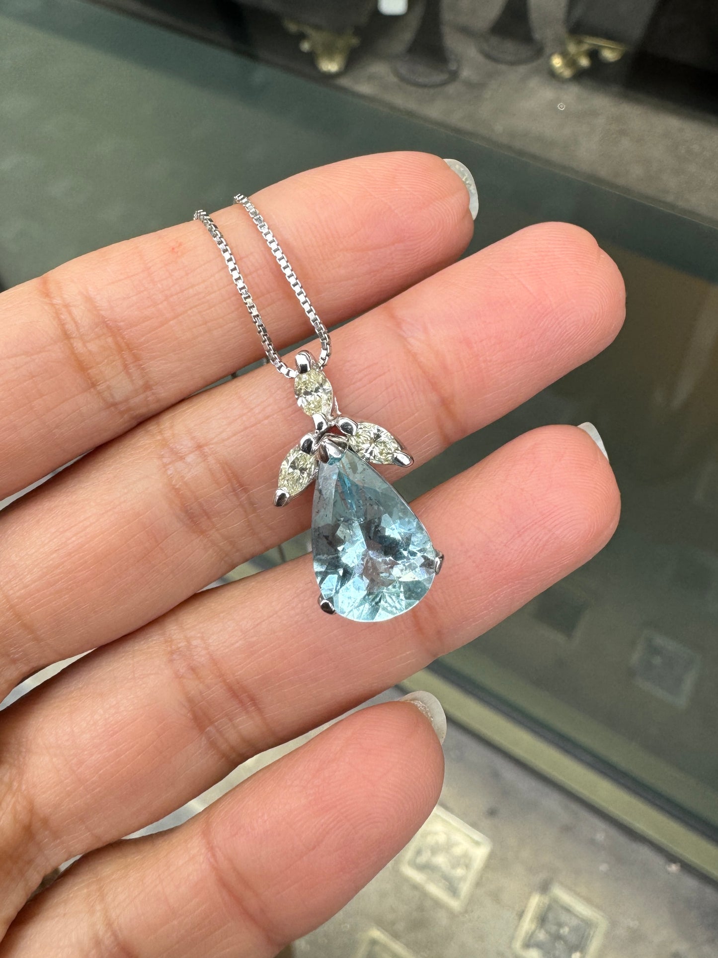 4.04 Carat Pear Shape Aquamarine & Marquise Diamond 18K White Gold Drop Pendant