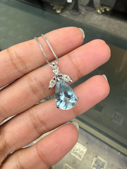 4.04 Carat Pear Shape Aquamarine & Marquise Diamond 18K White Gold Drop Pendant