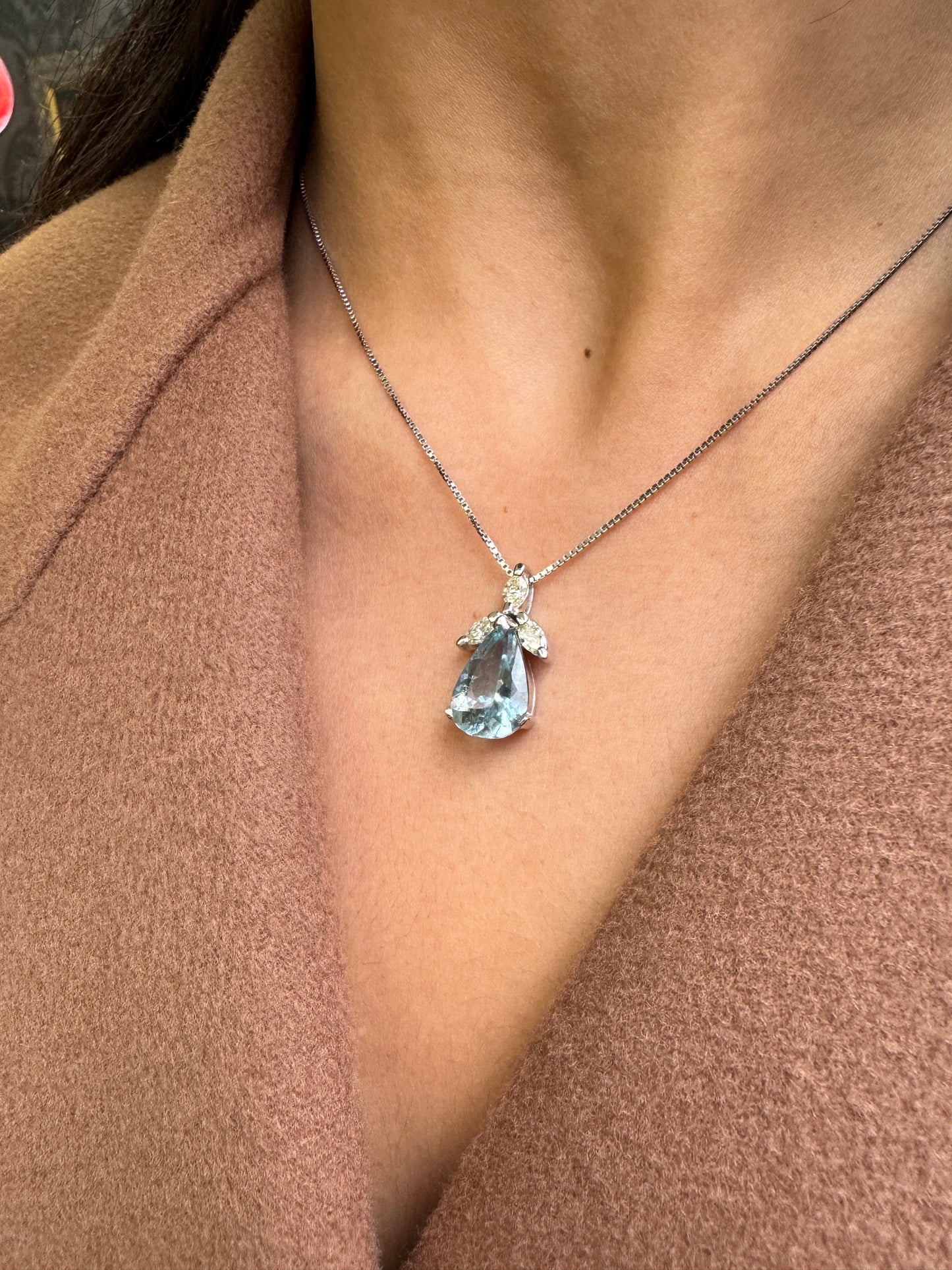 4.04 Carat Pear Shape Aquamarine & Marquise Diamond 18K White Gold Drop Pendant