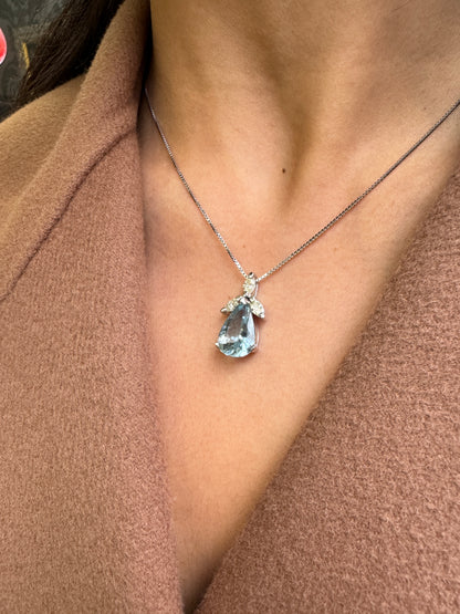 4.04 Carat Pear Shape Aquamarine & Marquise Diamond 18K White Gold Drop Pendant