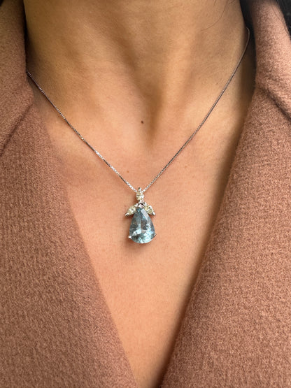4.04 Carat Pear Shape Aquamarine & Marquise Diamond 18K White Gold Drop Pendant