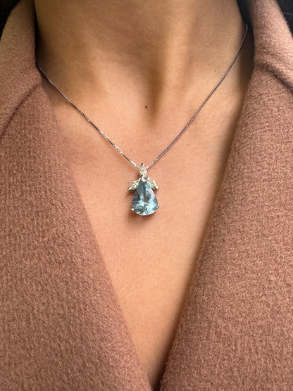 4.04 Carat Pear Shape Aquamarine & Marquise Diamond 18K White Gold Drop Pendant