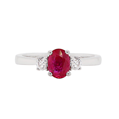 Natural Unheated Oval Ruby and Diamond 18 Carat Gold Three Stone Engagement Ring