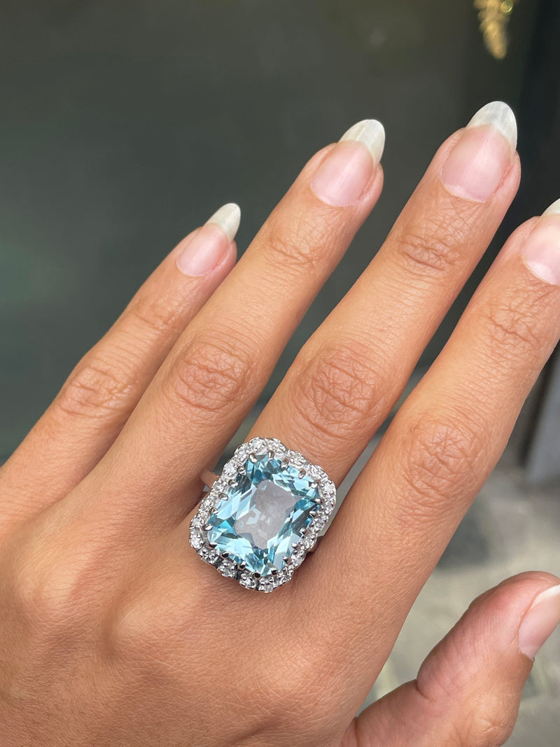 14.46 Carat Crisscut Shape Aquamarine and Diamond 14K White Gold Cocktail Ring