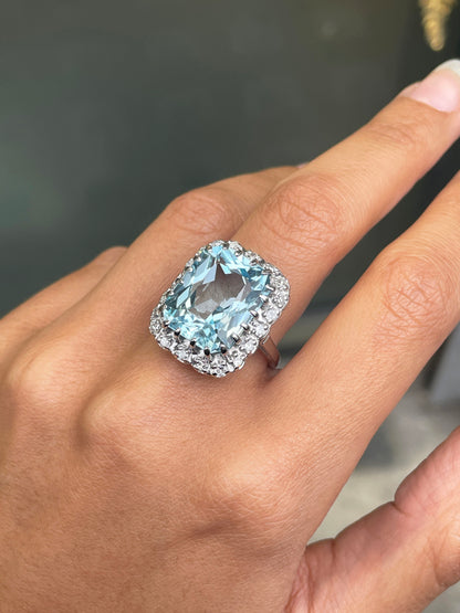 14.46 Carat Crisscut Shape Aquamarine and Diamond 14K White Gold Cocktail Ring