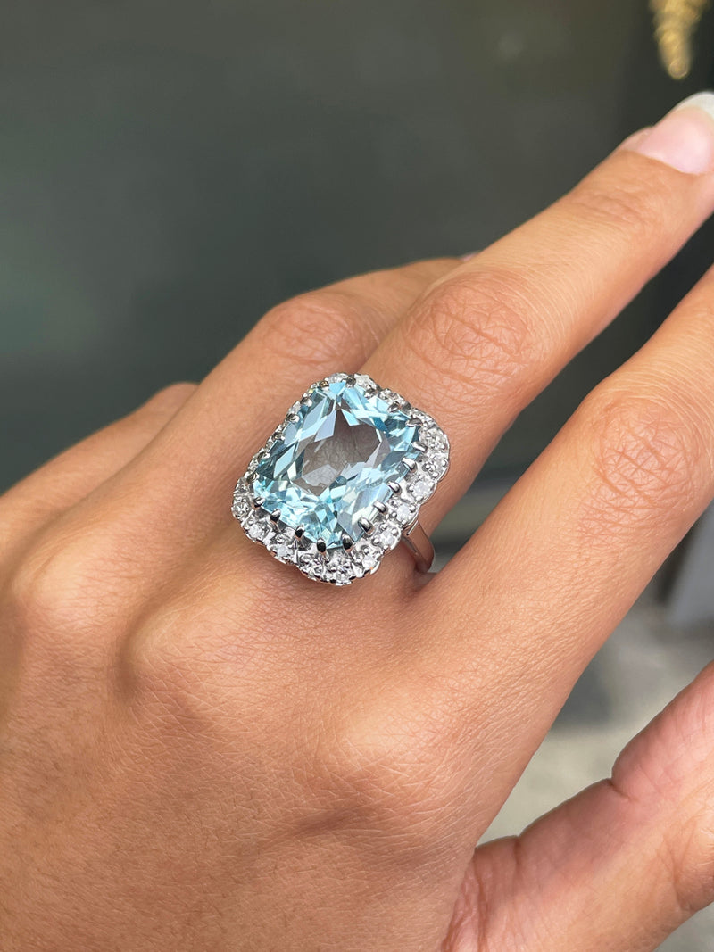 14.46 Carat Crisscut Shape Aquamarine and Diamond 14K White Gold Cocktail Ring