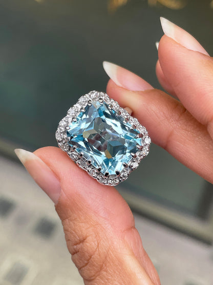 14.46 Carat Crisscut Shape Aquamarine and Diamond 14K White Gold Cocktail Ring