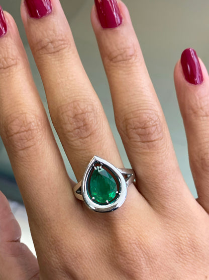 2.72 Carat Pear Shaped Emerald Platinum Ring