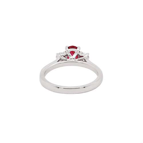 Natural Unheated Oval Ruby and Diamond 18 Carat Gold Three Stone Engagement Ring