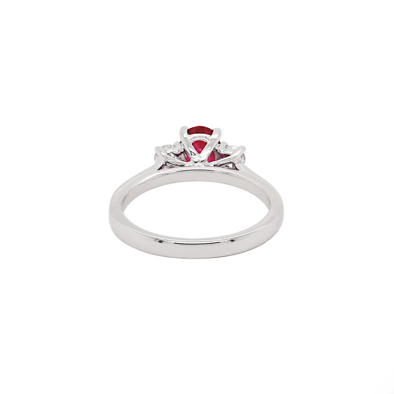 Natural Unheated Oval Ruby and Diamond 18 Carat Gold Three Stone Engagement Ring