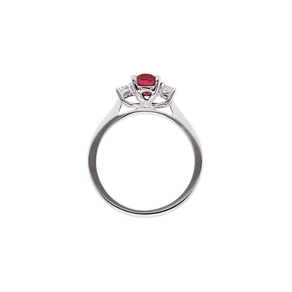 Natural Unheated Oval Ruby and Diamond 18 Carat Gold Three Stone Engagement Ring