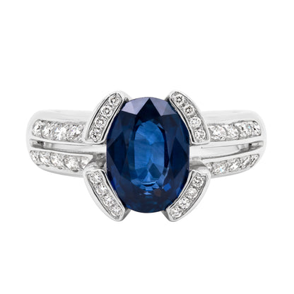 French 2.75 Carat Blue Sapphire and Diamond 18 Carat Gold Engagement Ring