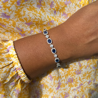 Oval Blue Sapphire and Diamond Cluster 18 Carat White Gold Bracelet