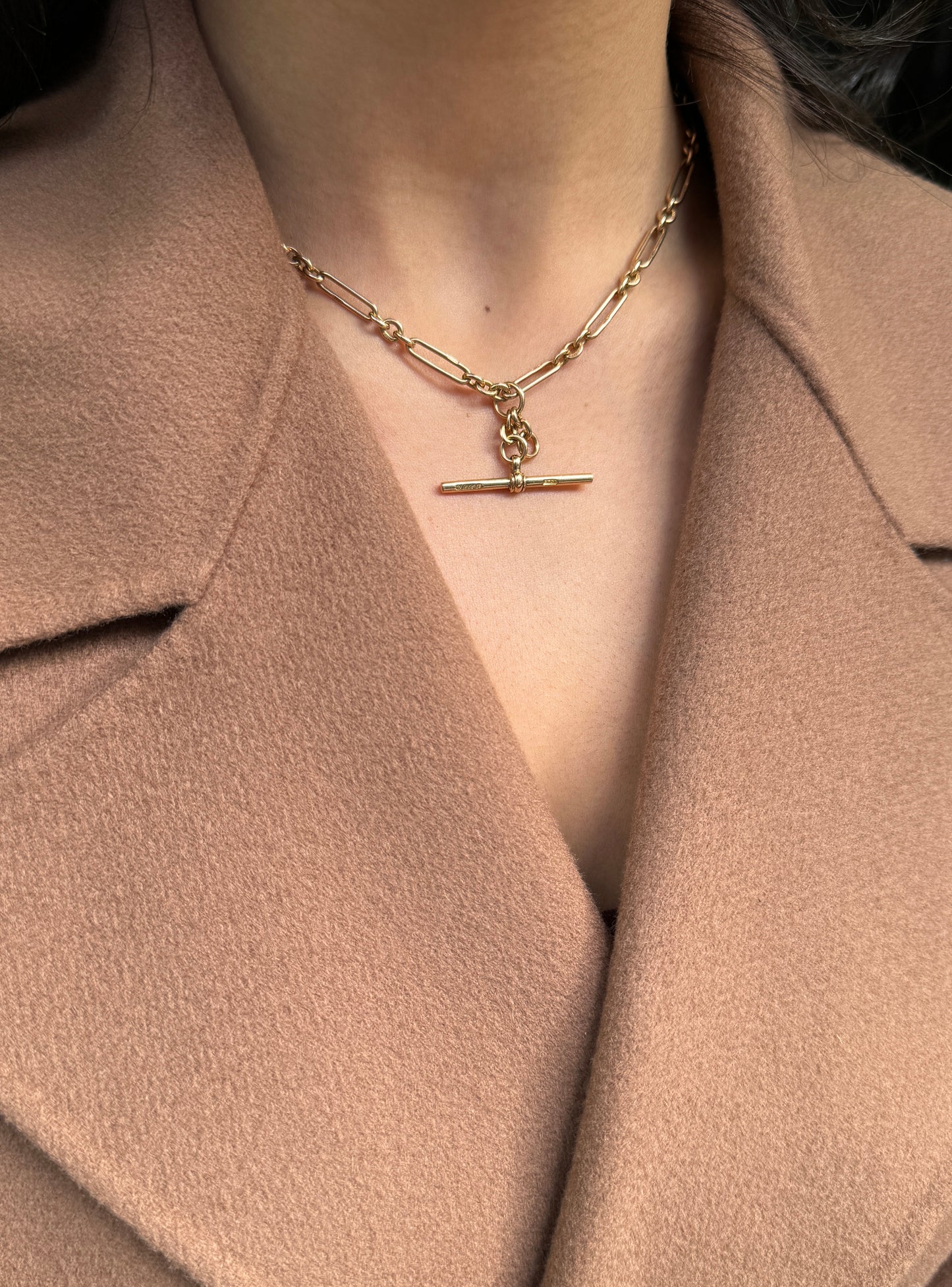 Antique 9 Carat Rose Gold Fob Watch Link Chain with T-bar, circa 1920s