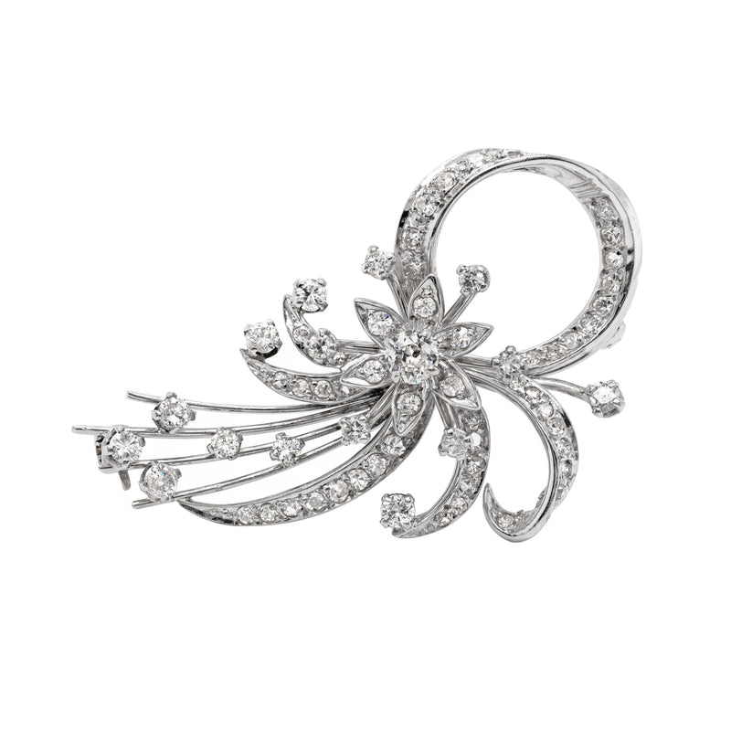 Vintage Old Cut Diamond Platinum Spray Brooch, Circa 1950s